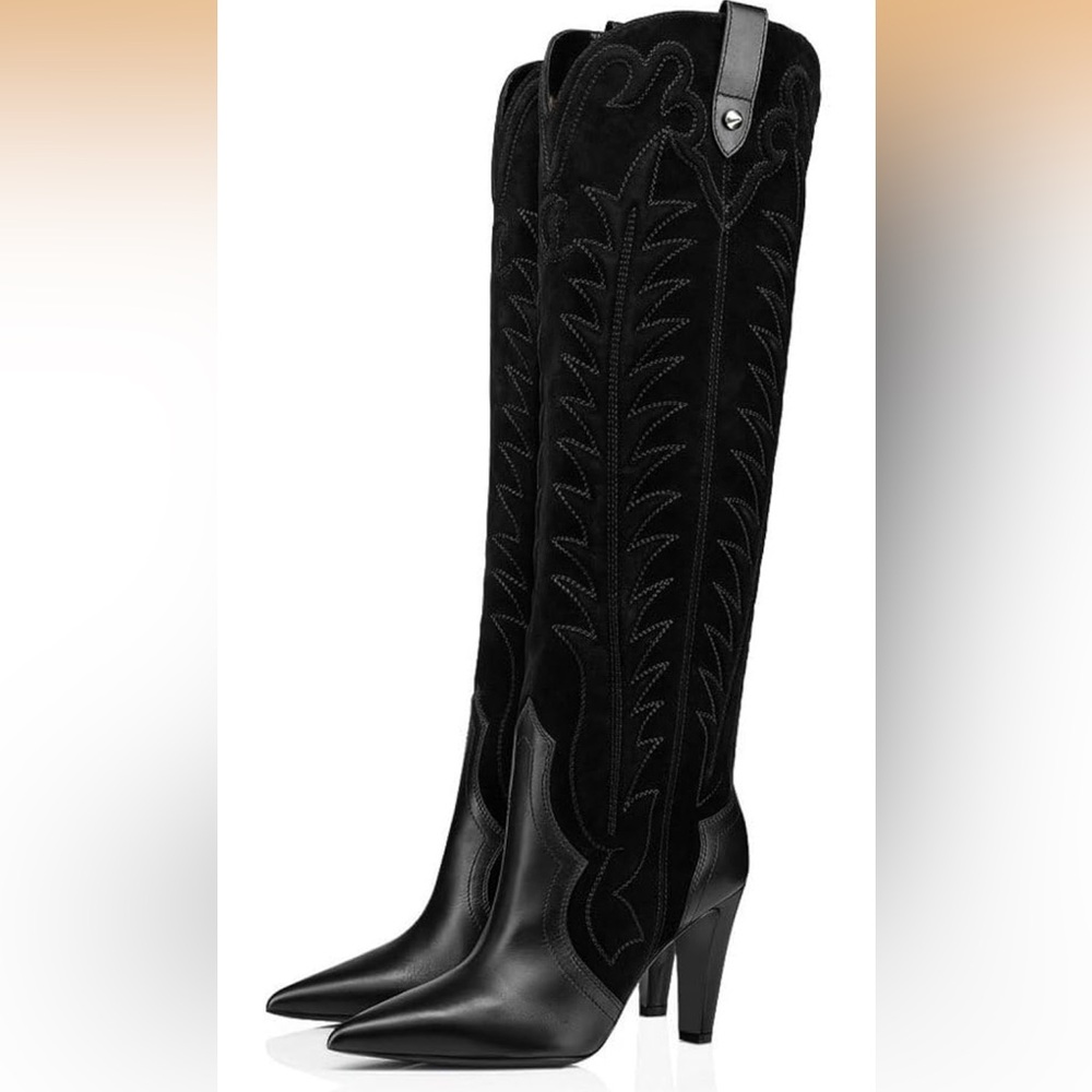 FSJ Black Over-the-Knee Western Boots with Stitch Detail